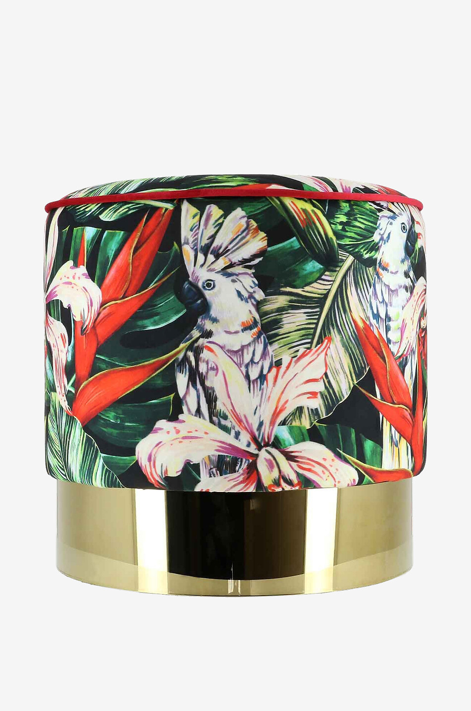 Cockatoo print adorned velvet footstool