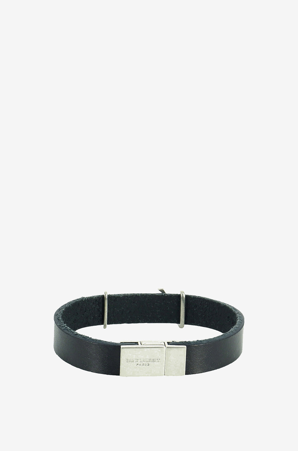 SAINT LAURENT PARIS Bracelet monogrammé en cuir et métal argenté Opyum Femme NOIR 2