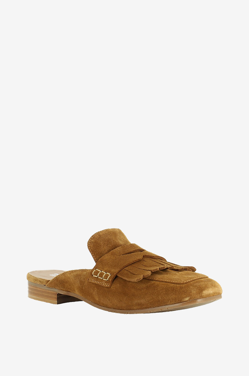 BONGENIE Flache Pantoletten aus Wildleder mit Fransen Damen COGNAC 1