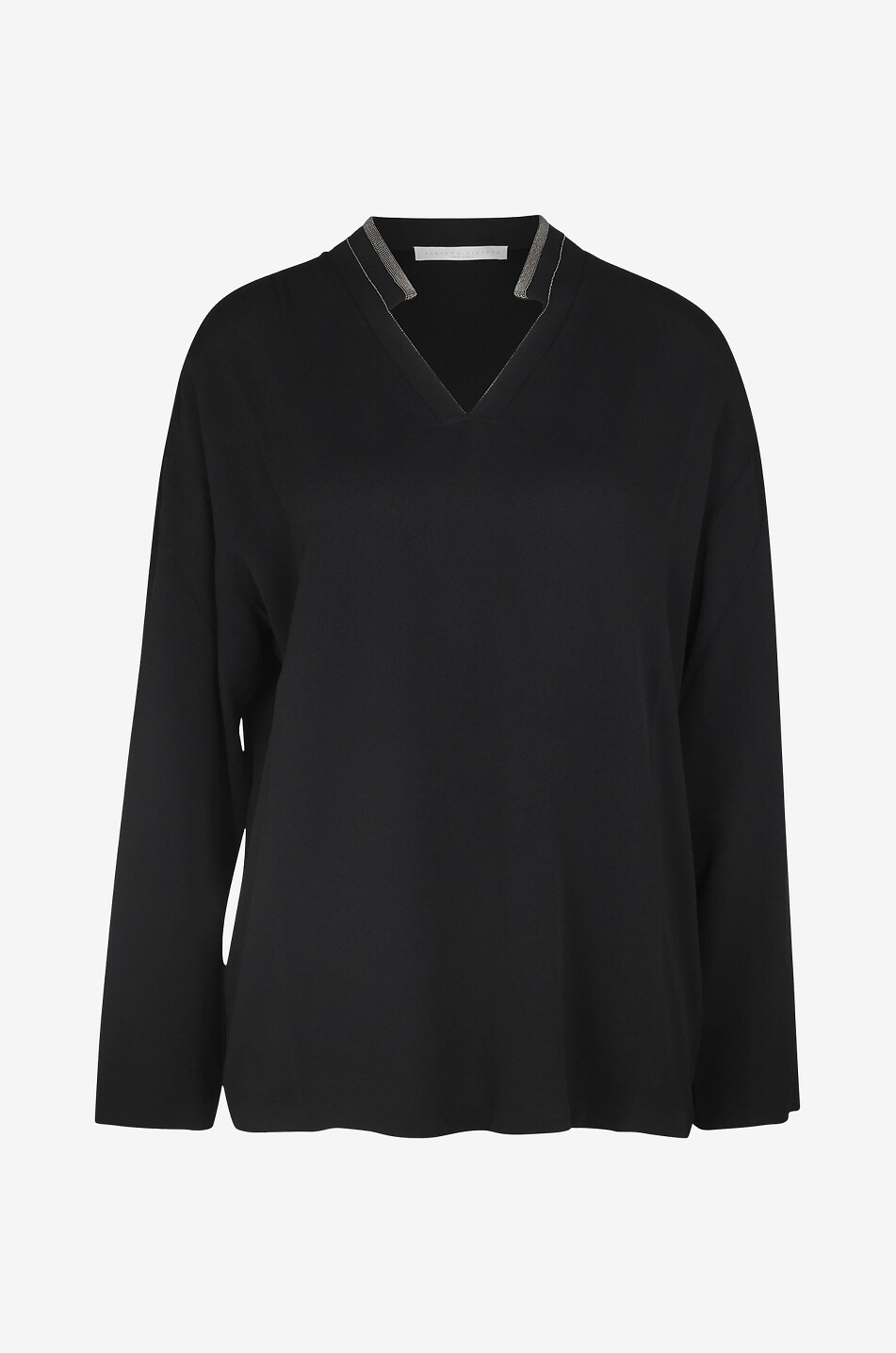 FABIANA FILIPPI Langarm-Top mit V- und Stehkragen mit Perlen Damen SCHWARZ 1