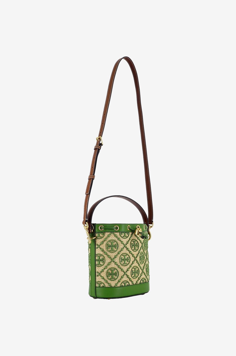 TORY BURCH T Monogram straw and leather shoulder bag Women GREEN 5