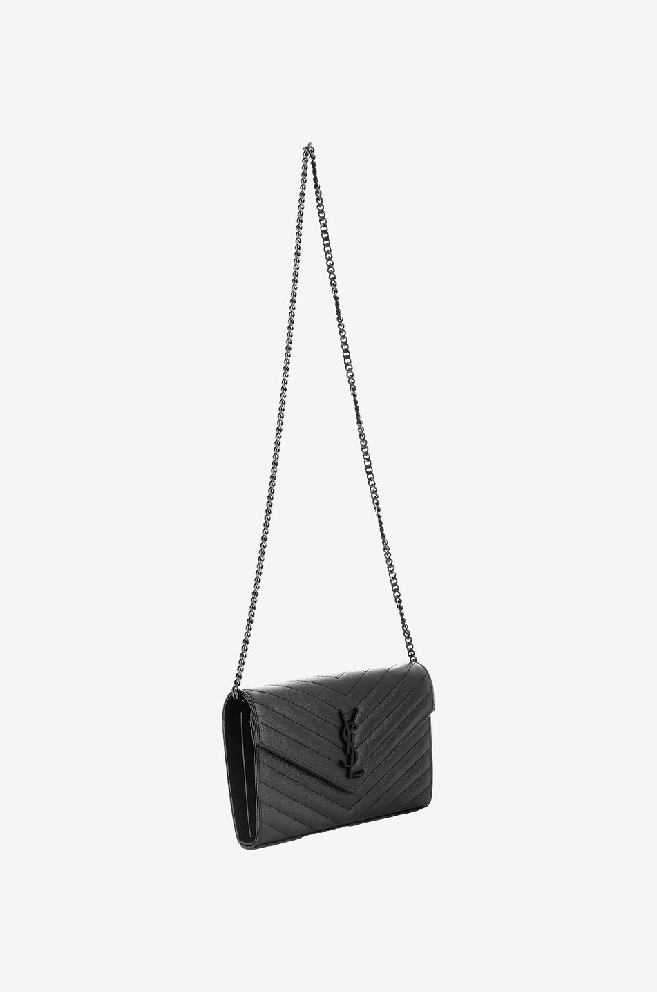 Monogram saint laurent chain wallet in black grain de poudre textured matelassé leather on sale