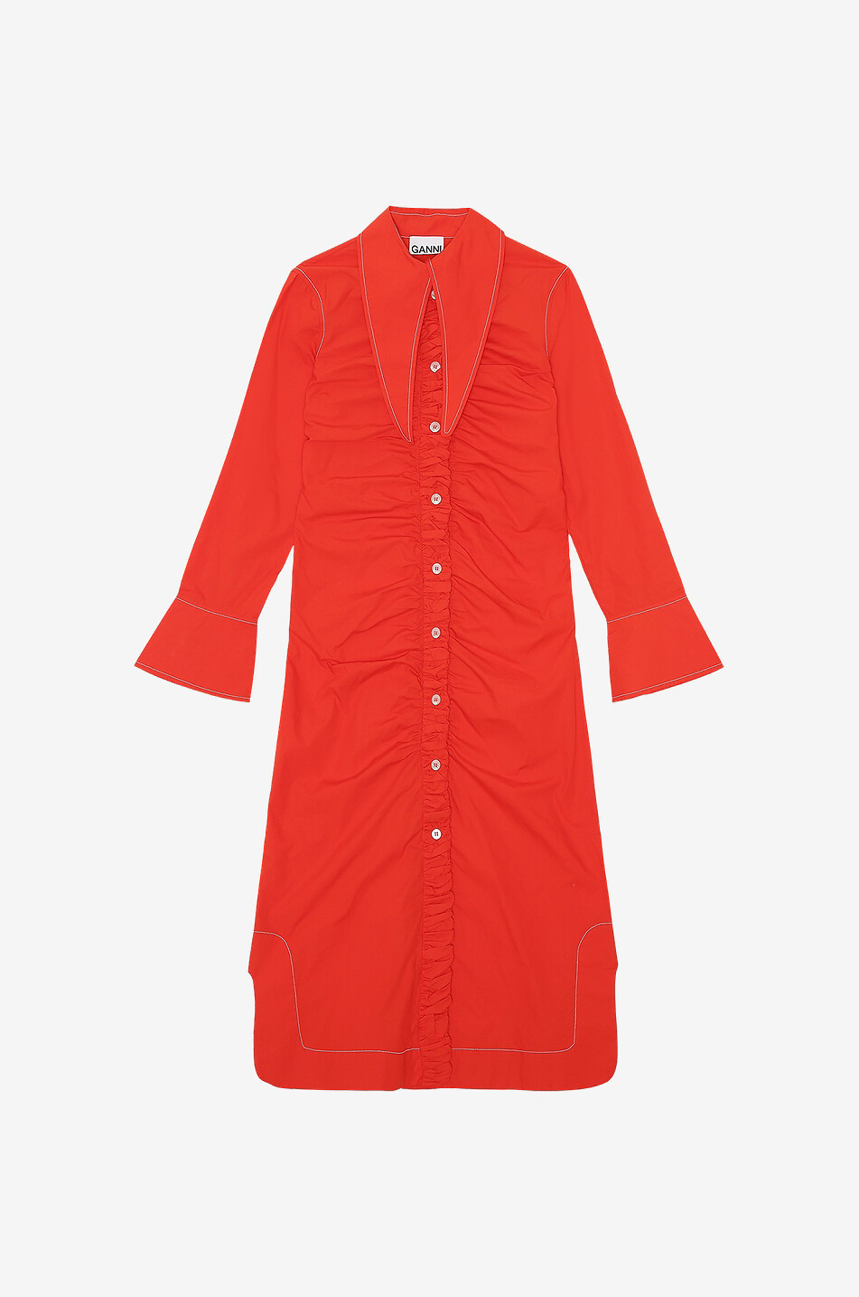 Gathered midi-length poplin shirt dress