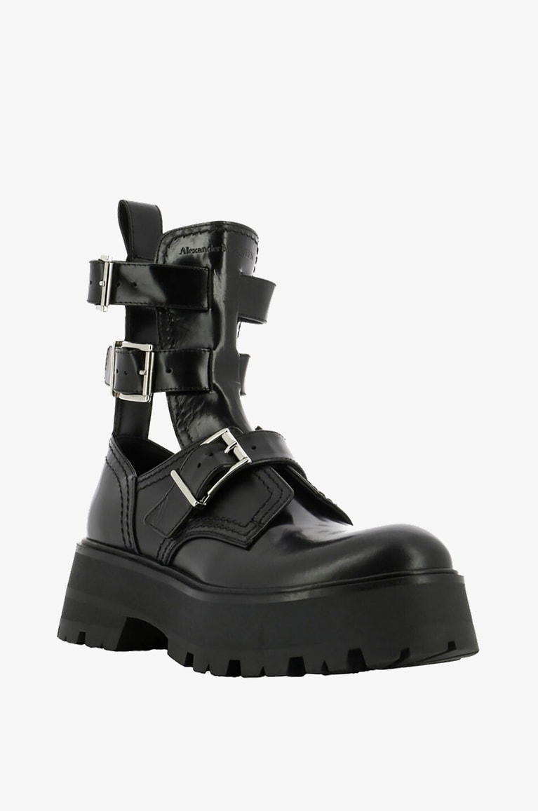 ALEXANDER McQUEEN Plateau-Stiefeletten aus glänzendem Leder Rave Buckle Damen SCHWARZ 1