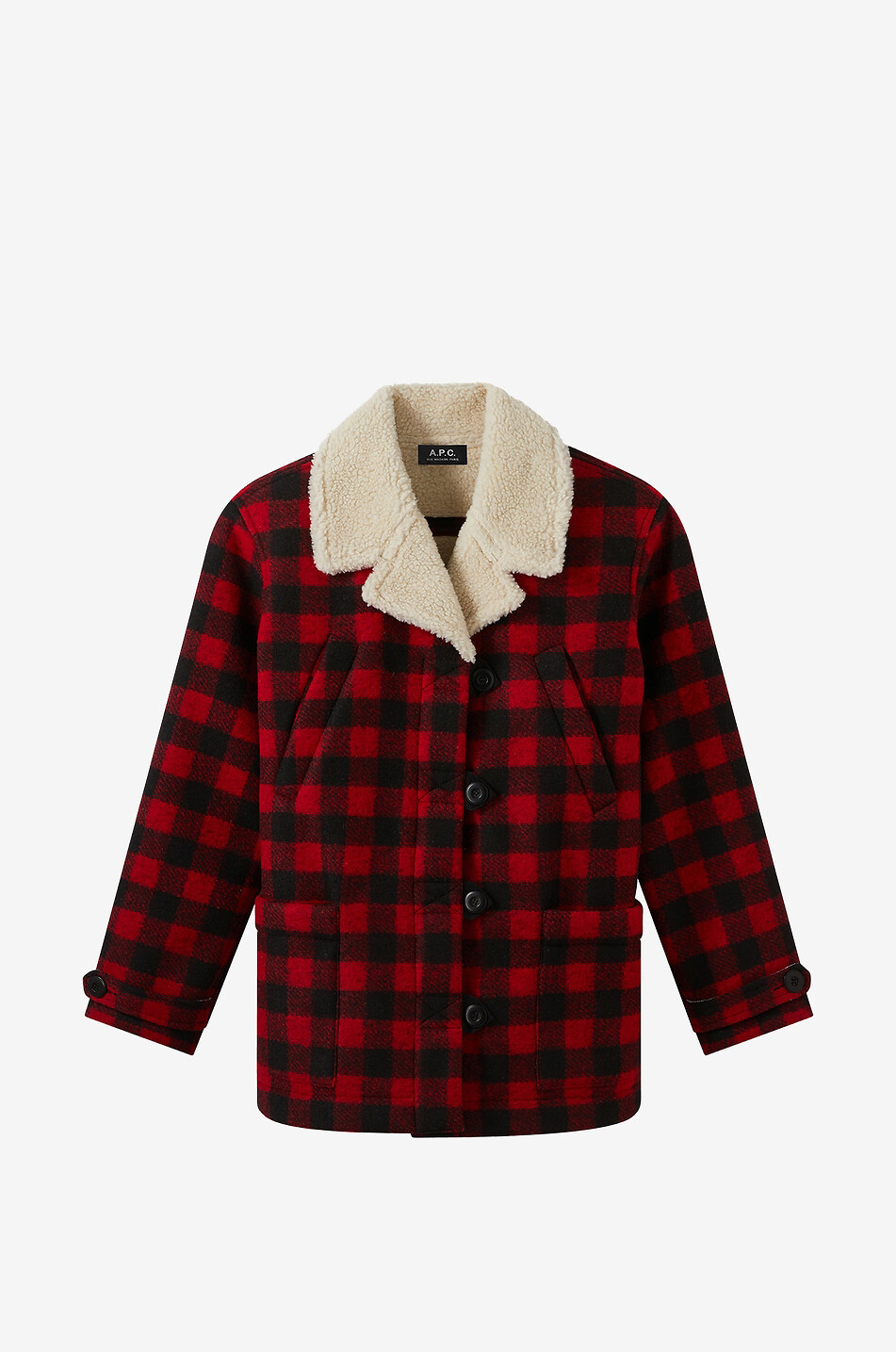 A.P.C. Manteau caban à carreaux et fourrure Federica Femme ROUGE 1