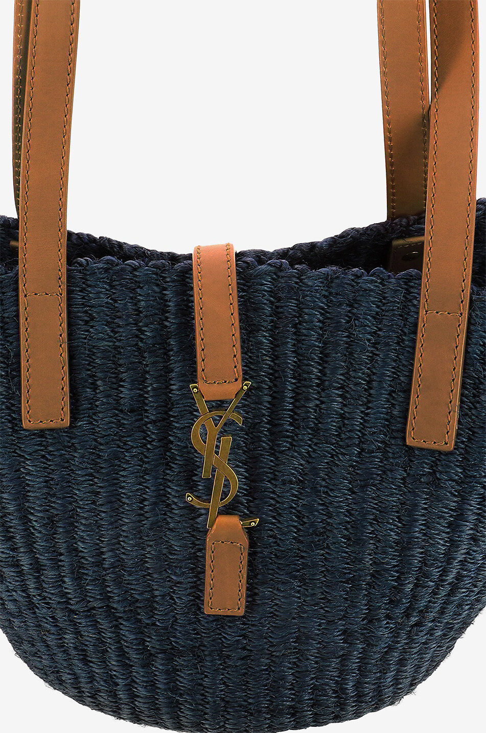 SAINT LAURENT PARIS Sac cabas crocheté en raphia et cuir Panier Small Femme BLEU 5