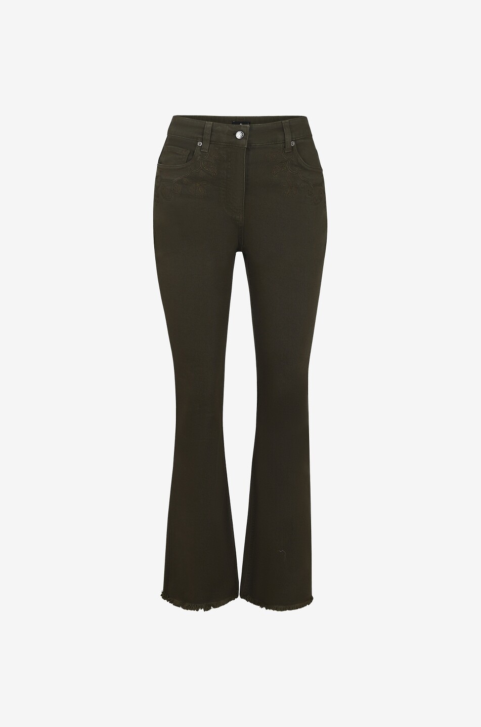 Ausgefranste Boot-Cut-Jeans mit Ton-in-Ton-Paisley-Stickereien