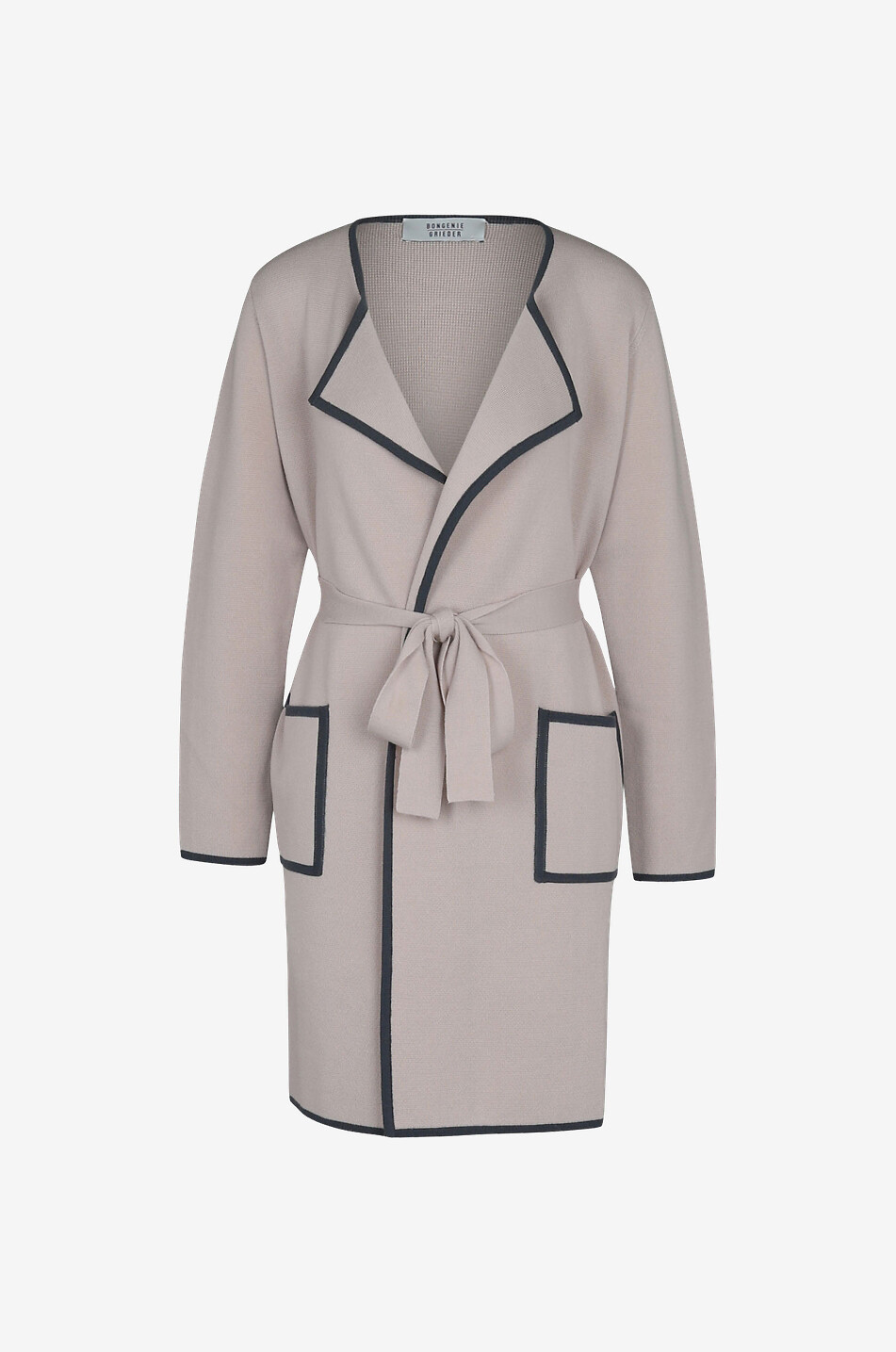 Belted merino wool long cardigan with contrast stripes