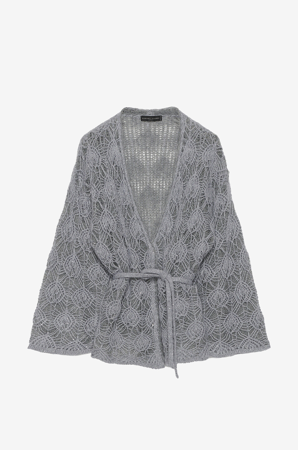 Belted sequinned openwork knit cardigan