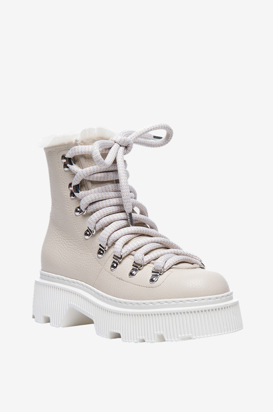 Bottines à lacets plates en cuir et peau lainée