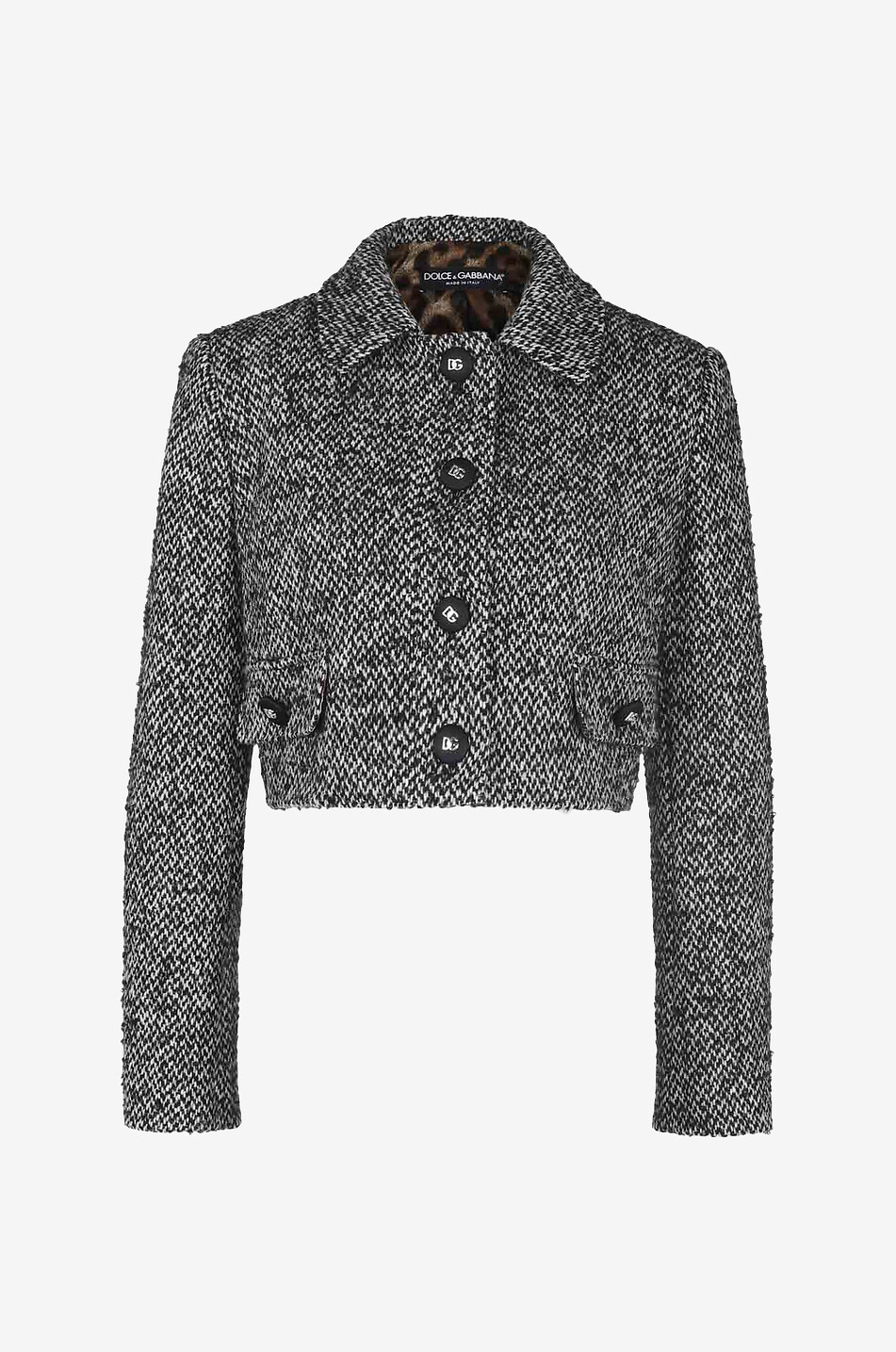 Veste tailleur raccourcie en tweed poivre et sel