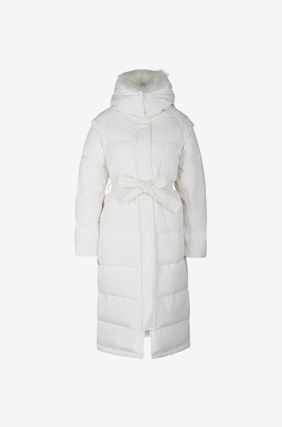 Goat fur trimmed long down jacket