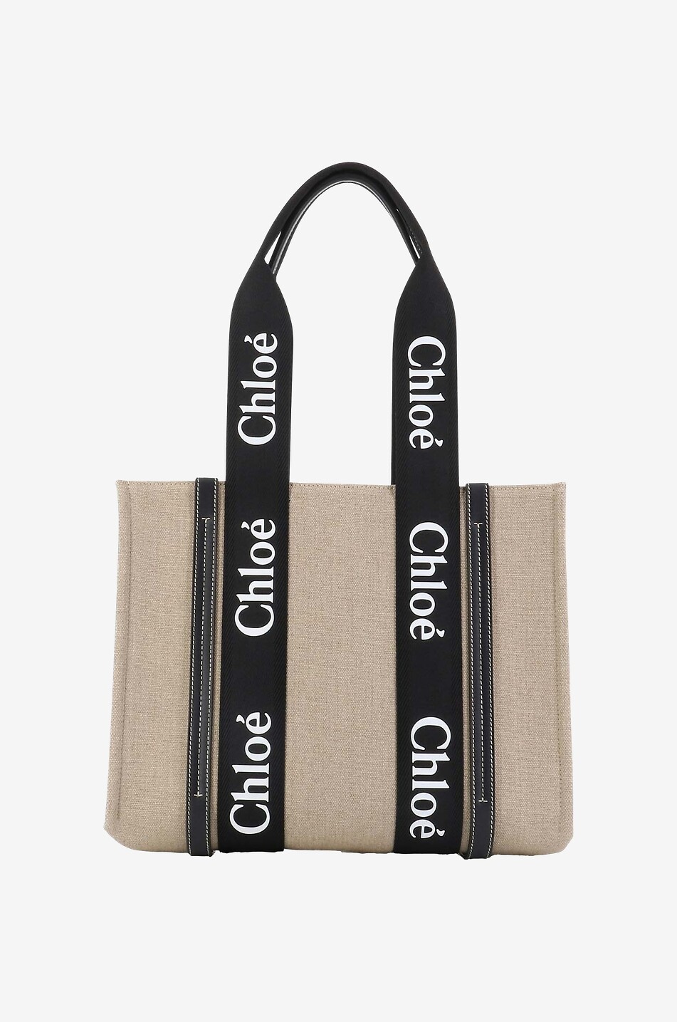 CHLOE Woody Medium linen and leather tote bag Women BLACK 3