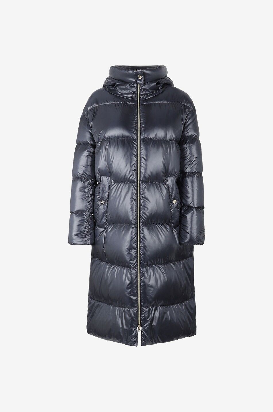 Mid-length down jacket in glossy technical fabric