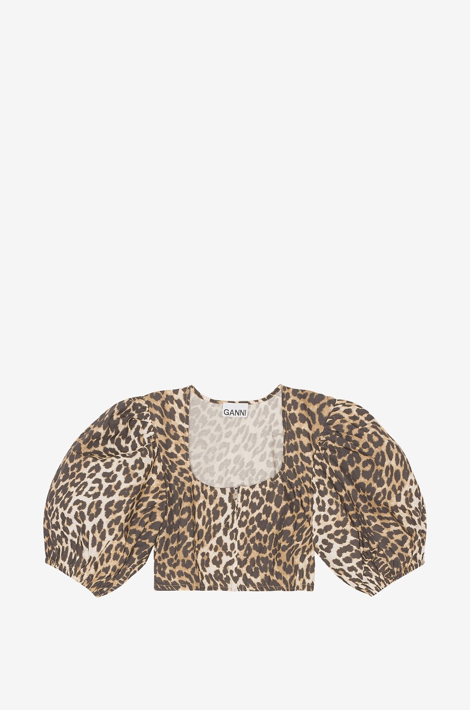 GANNI Cropped leopard print puff-sleeve blouse Women BROWN 1