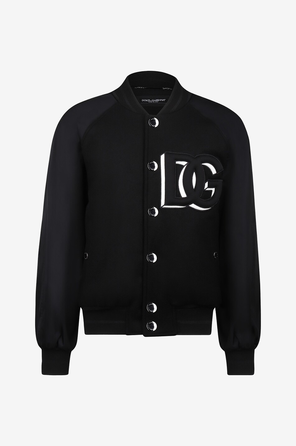 DG patch adorned wool and nylon bomber jacket