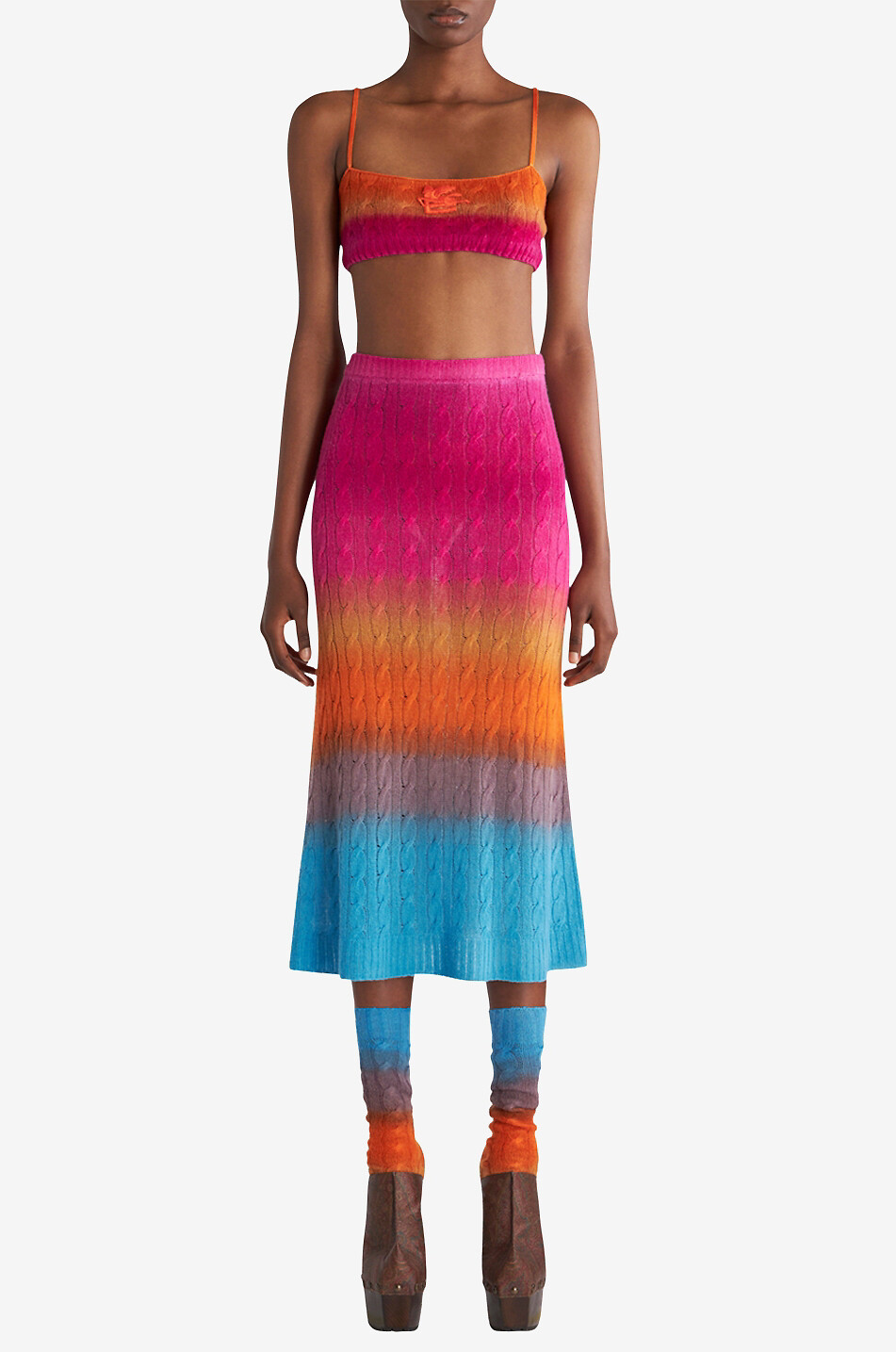 Jupe midi en maille torsadée rayée