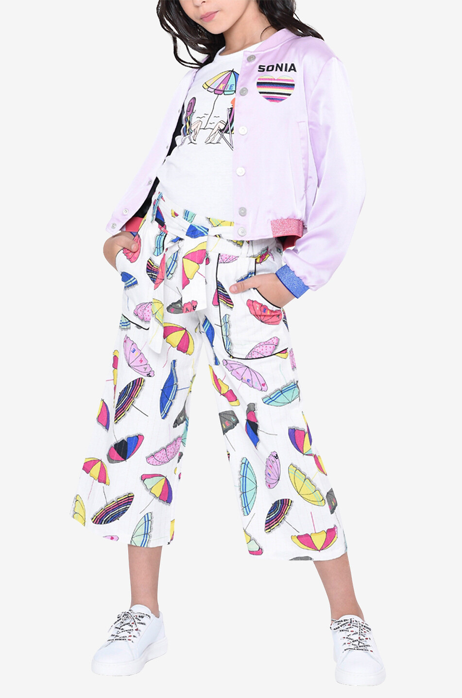 Pantalon large raccourci fille imprimé parasols