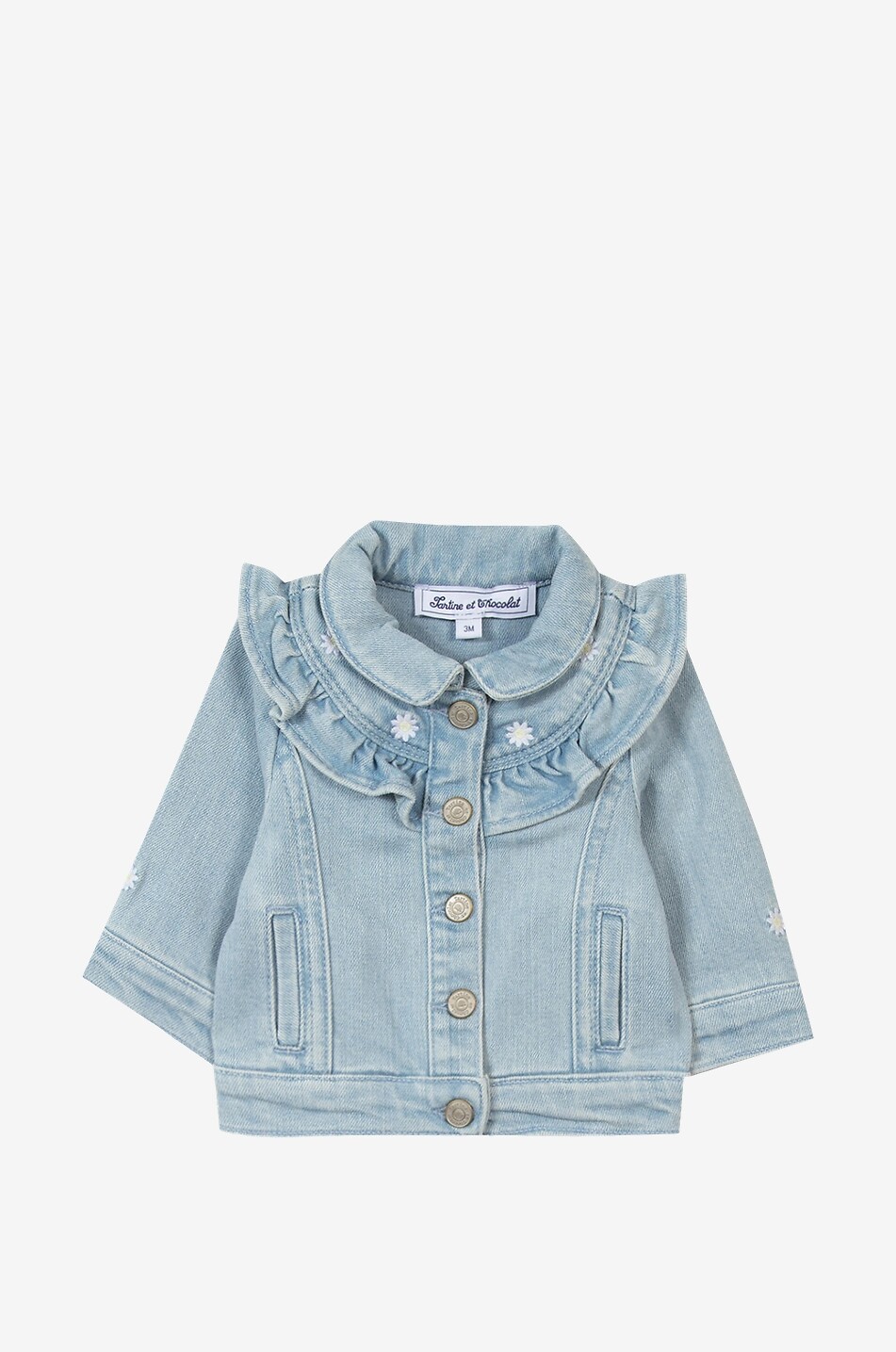 Ruffle and daisy adorned baby denim jacket