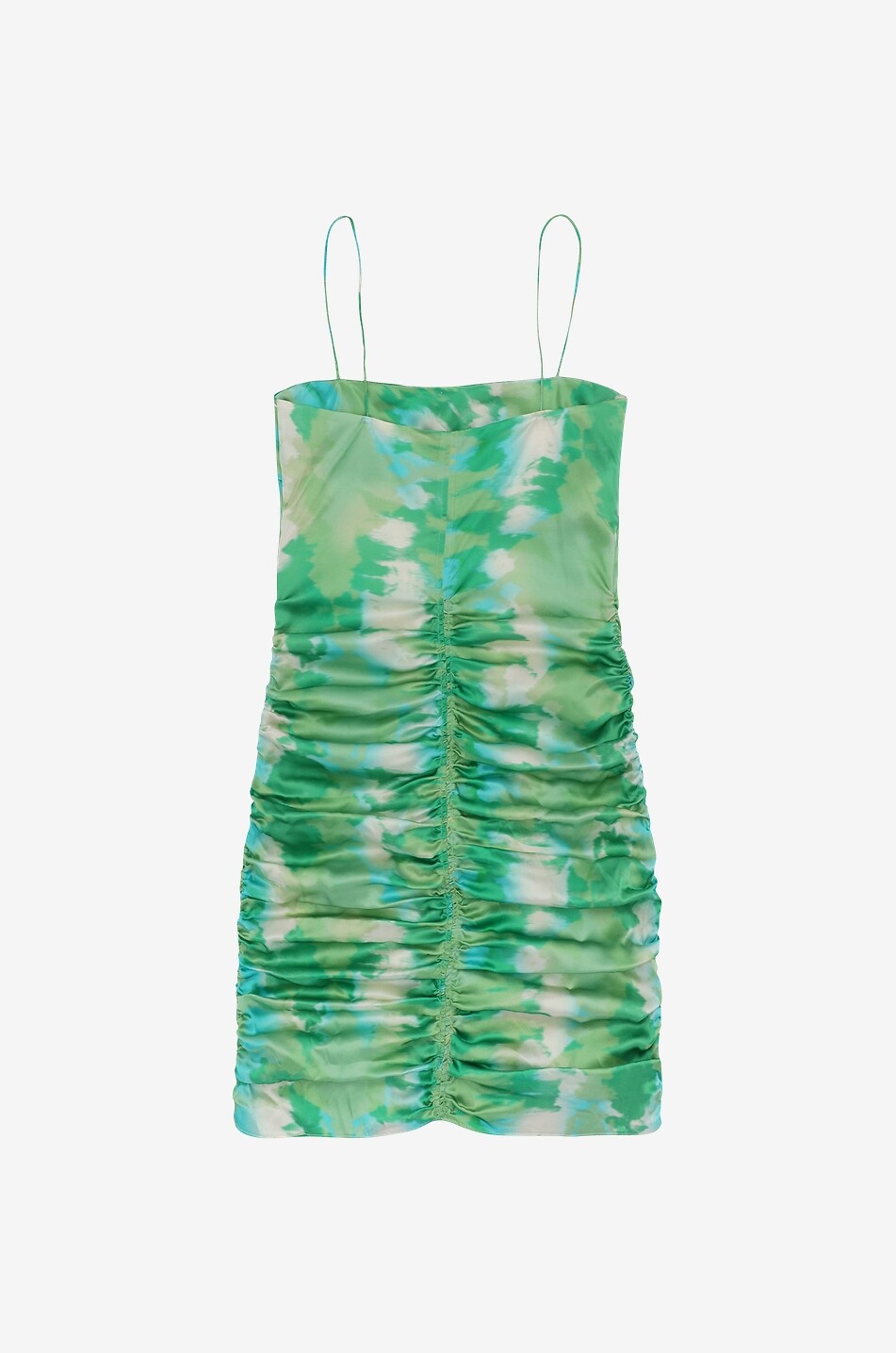 Kurzes gerafftes Trägerkleid aus Tie-and-Dye-Satin
