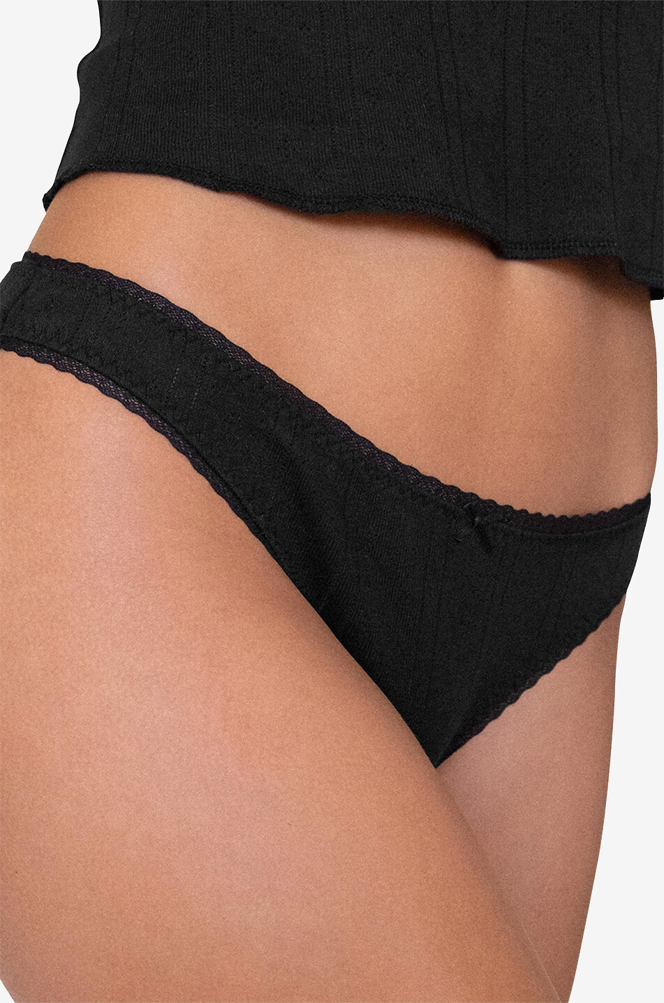 COU COU Culotte en coton bio et dentelle The Low Rise Pointelle Femme NOIR 4
