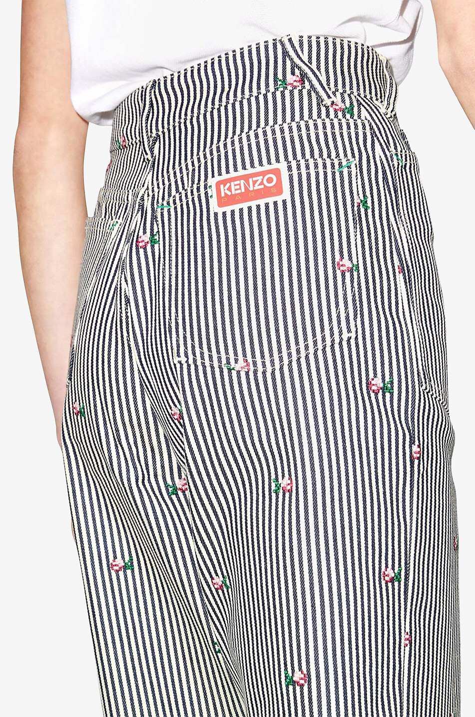 Jean taille haute large rayé brodé de fleurs Sumire