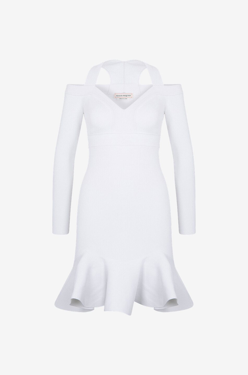 Mini robe en maille côtelée à volant et découpes