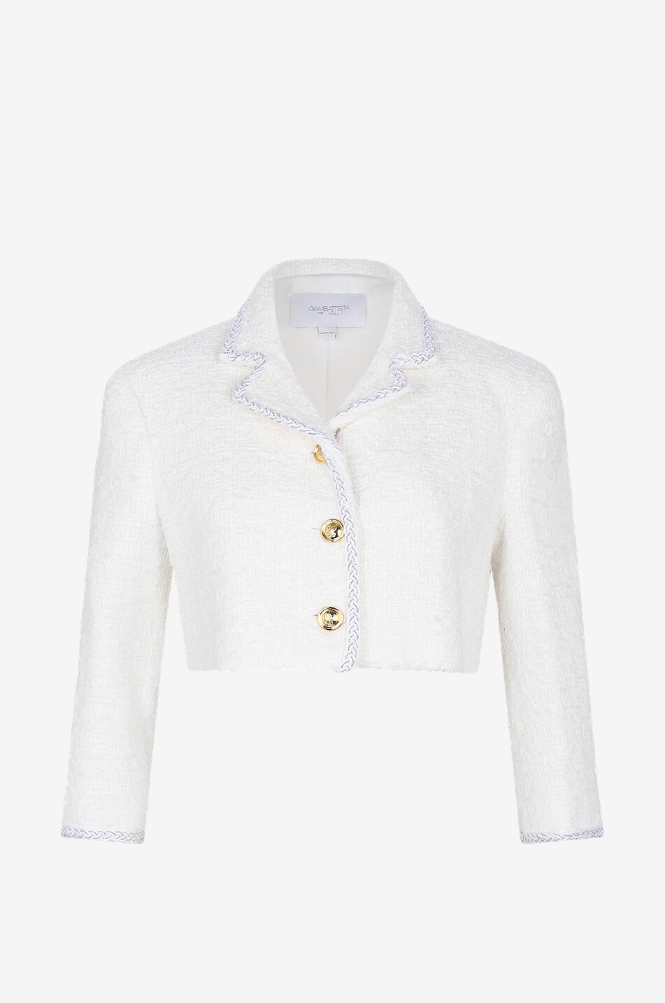 Cropped braid adorned tweed jacket