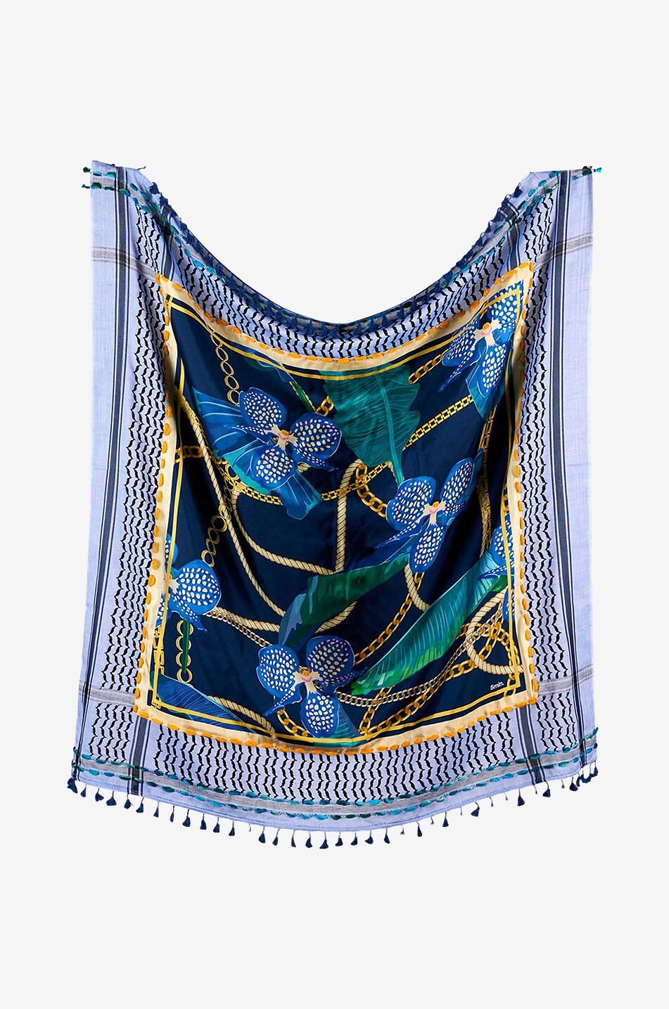 5 MIN Silk square scarf with orchid and chain pattern Women BLUE 2
