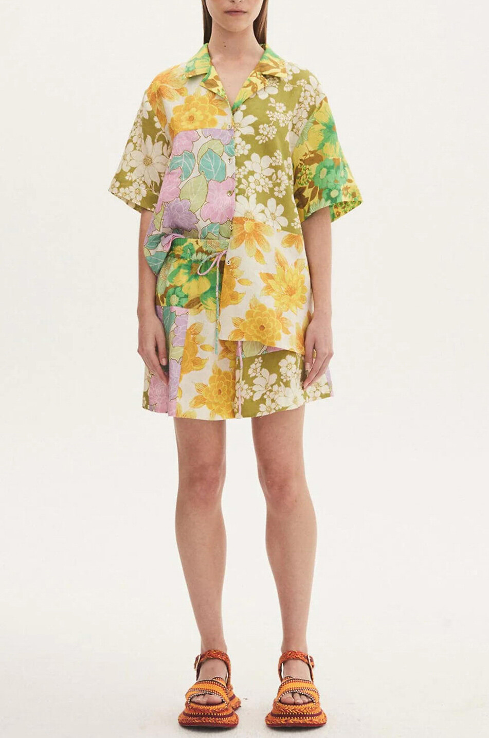 Chemise à manches courtes en lin fleuri Elora Patchwork