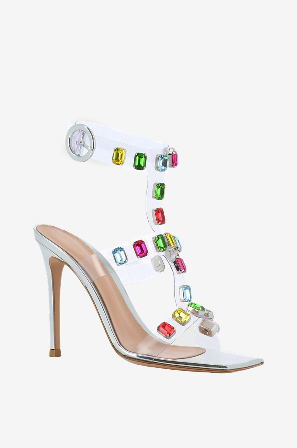 Crystal Crash 105 plexiglas and patent leather heeled sandals