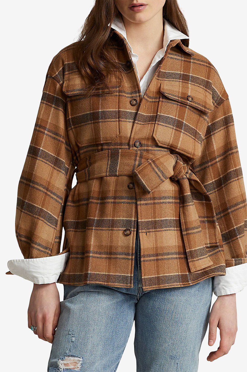 Karierte Hemdjacke mit Gürtel aus recycelter Wolle
