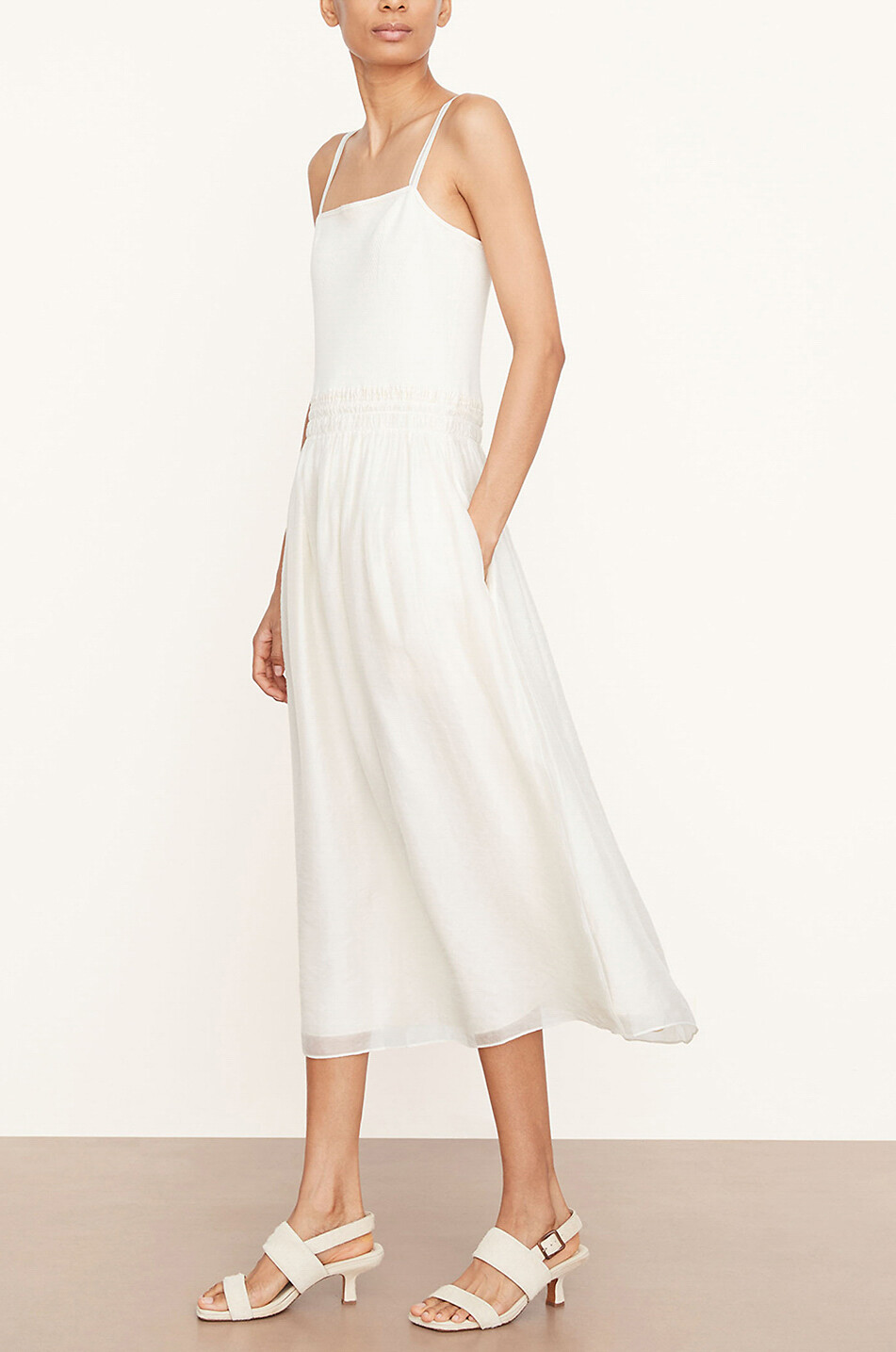 Robe midi à bretelles bi-matière