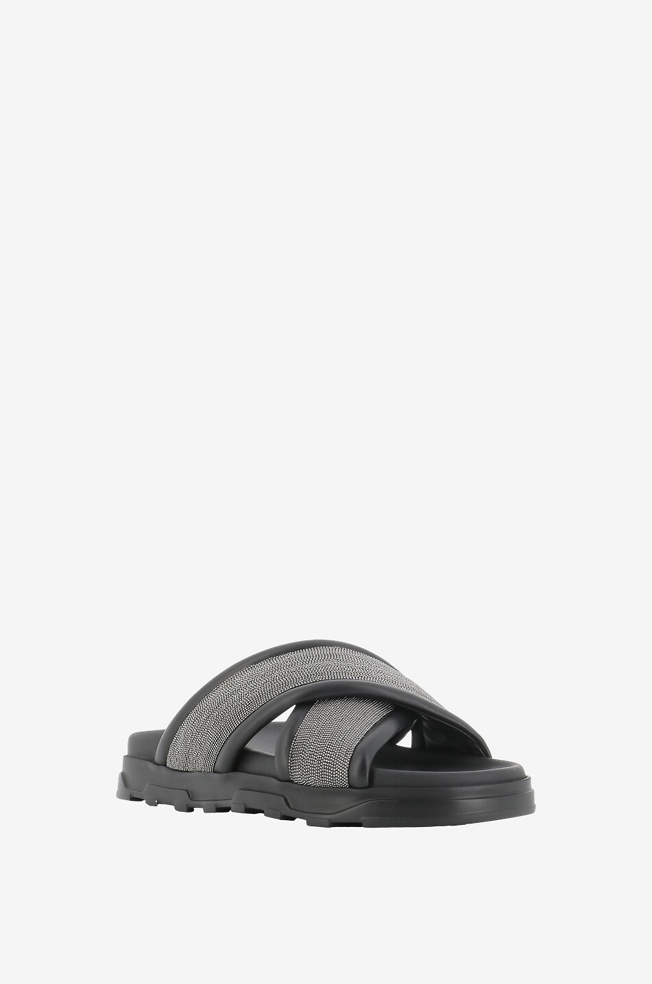 Glittering bead adorned flat nappa leather slides