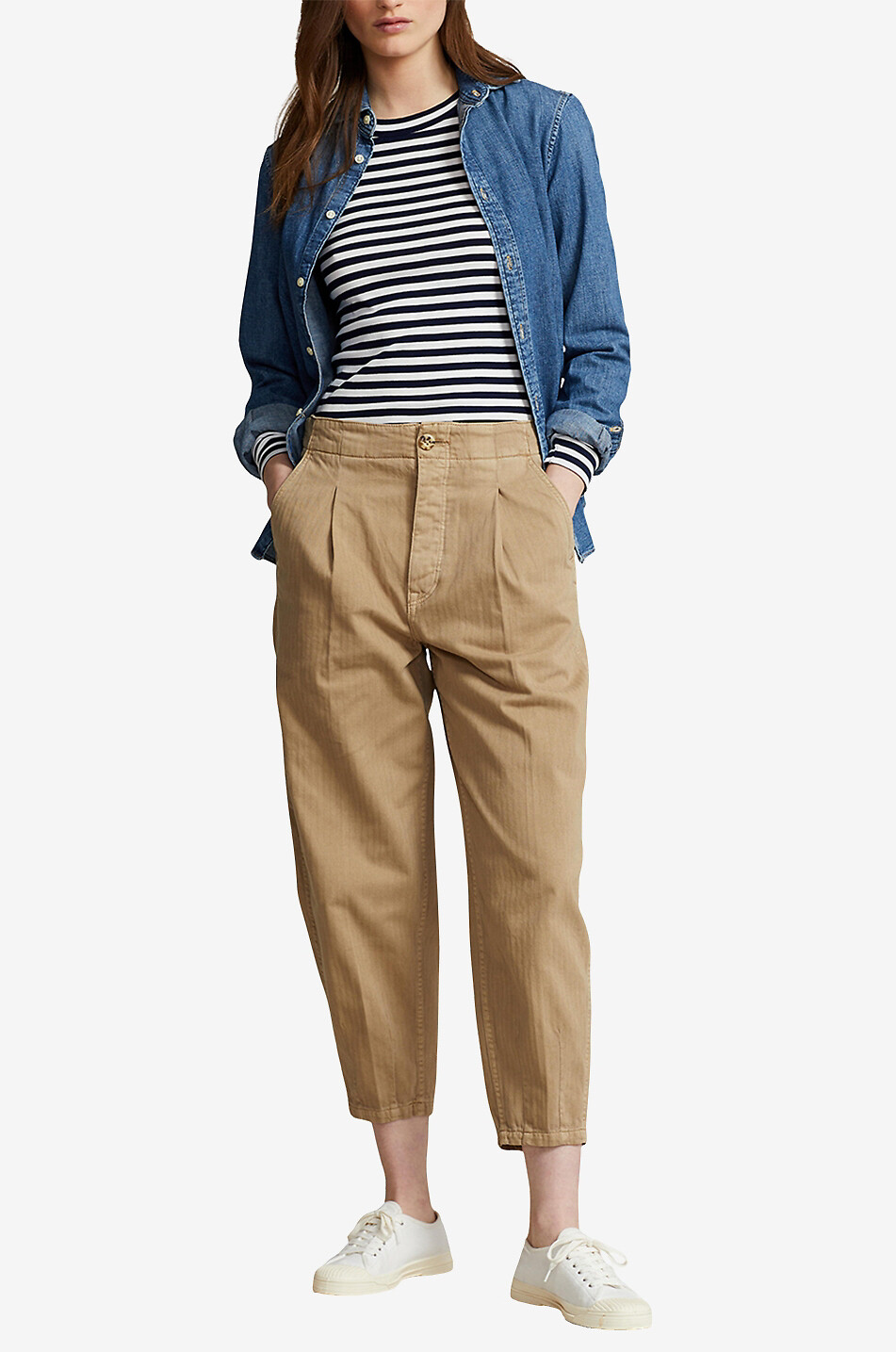 Verkürzte Karottenhose aus Fischgräten-Baumwolle