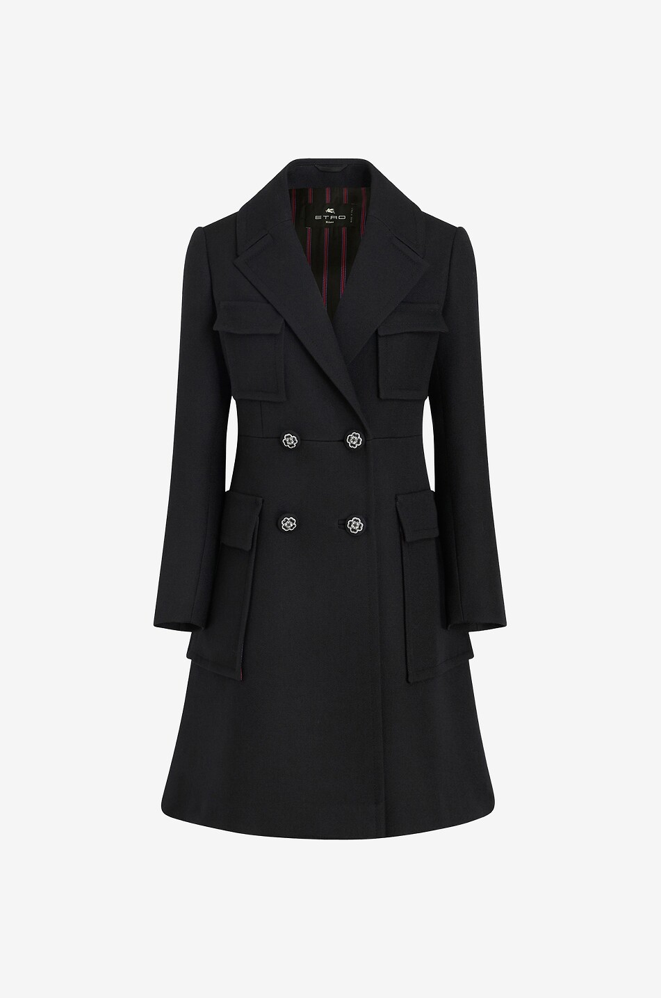 Manteau mi-long cintré évasé à boutons fleurs