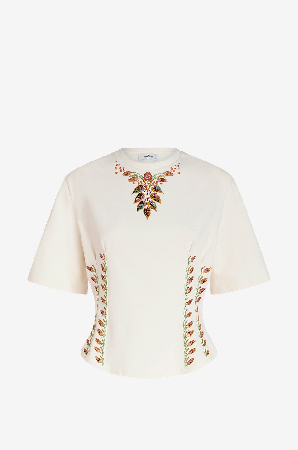 Tailliertes T-Shirt mit Stickerei Flowers & Leaves