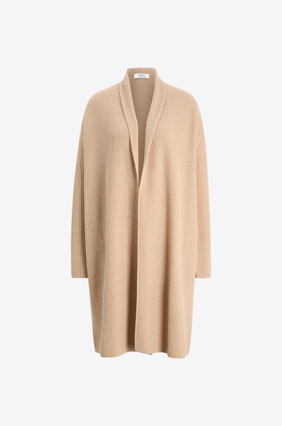 Long rib-knit merino wool cardigan with shawl collar