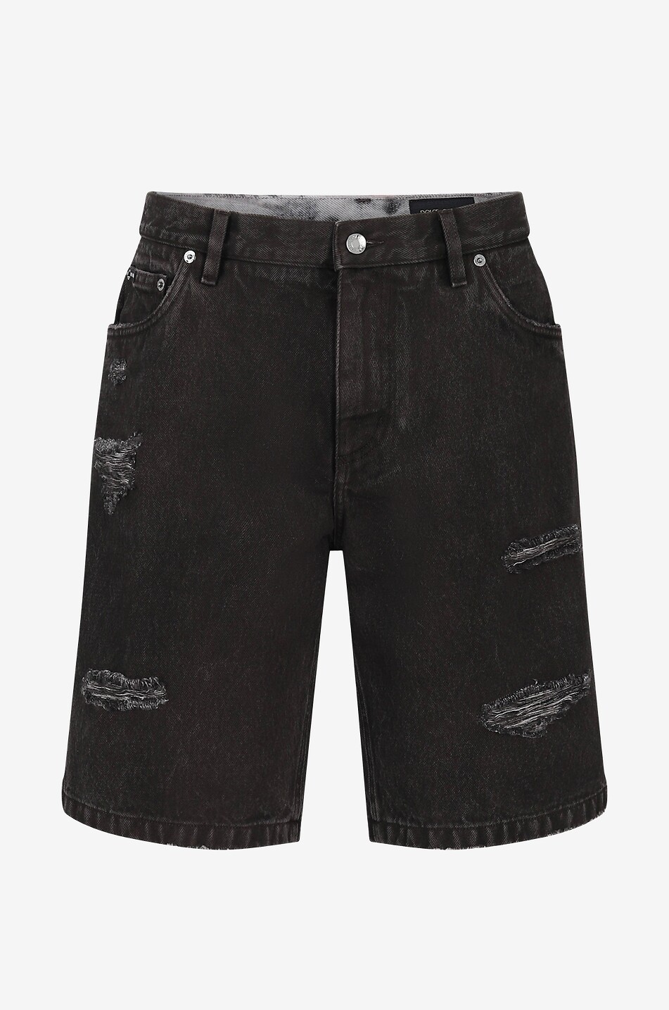 Faded overdyed ripped denim Bermuda shorts
