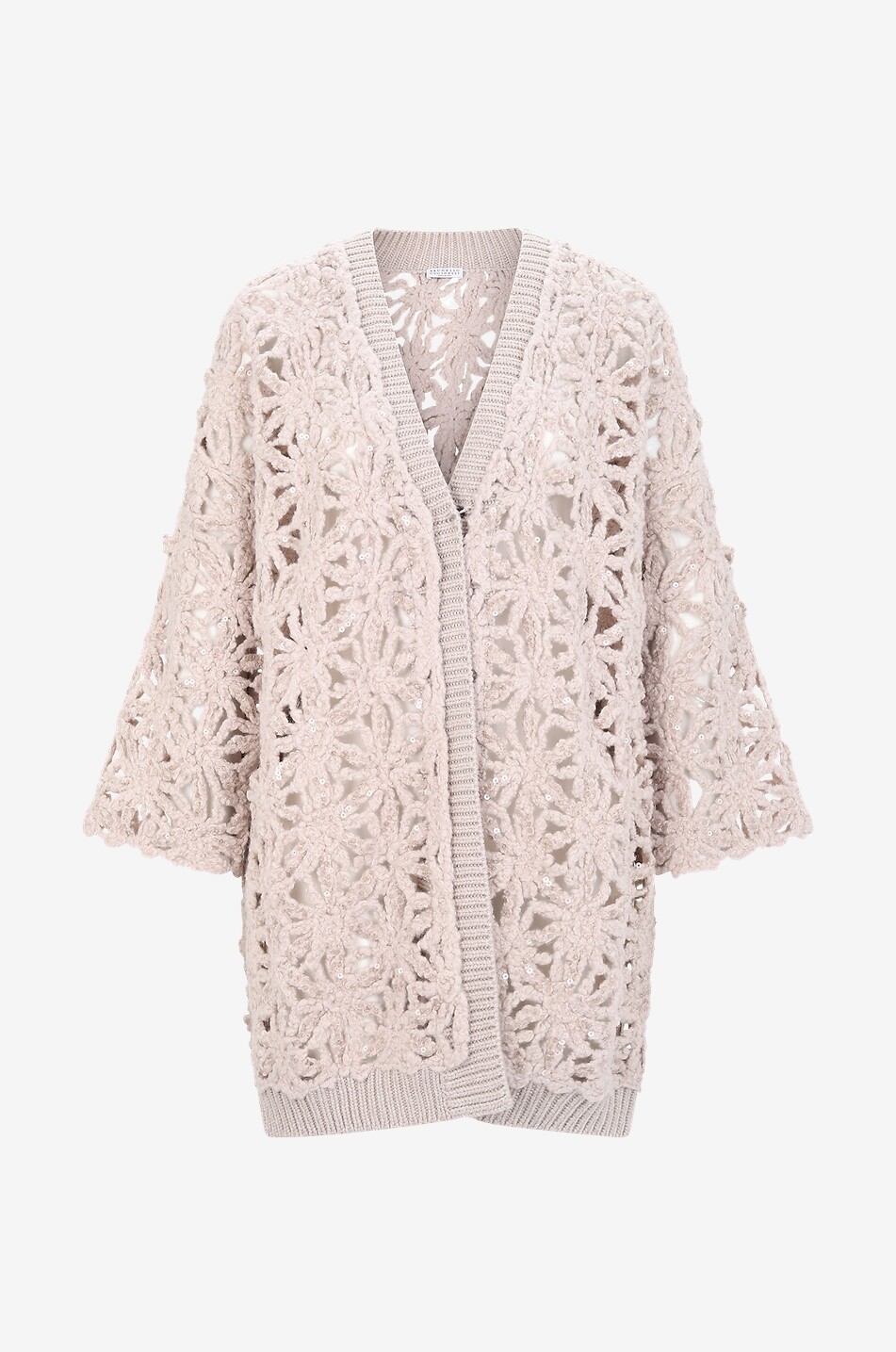 Cardigan long ajouré motif fleurs à sequins