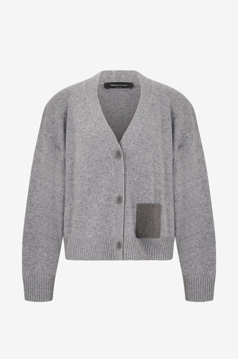 Kaschmir-Cardigan mit V-Ausschnitt und glänzender Tasche