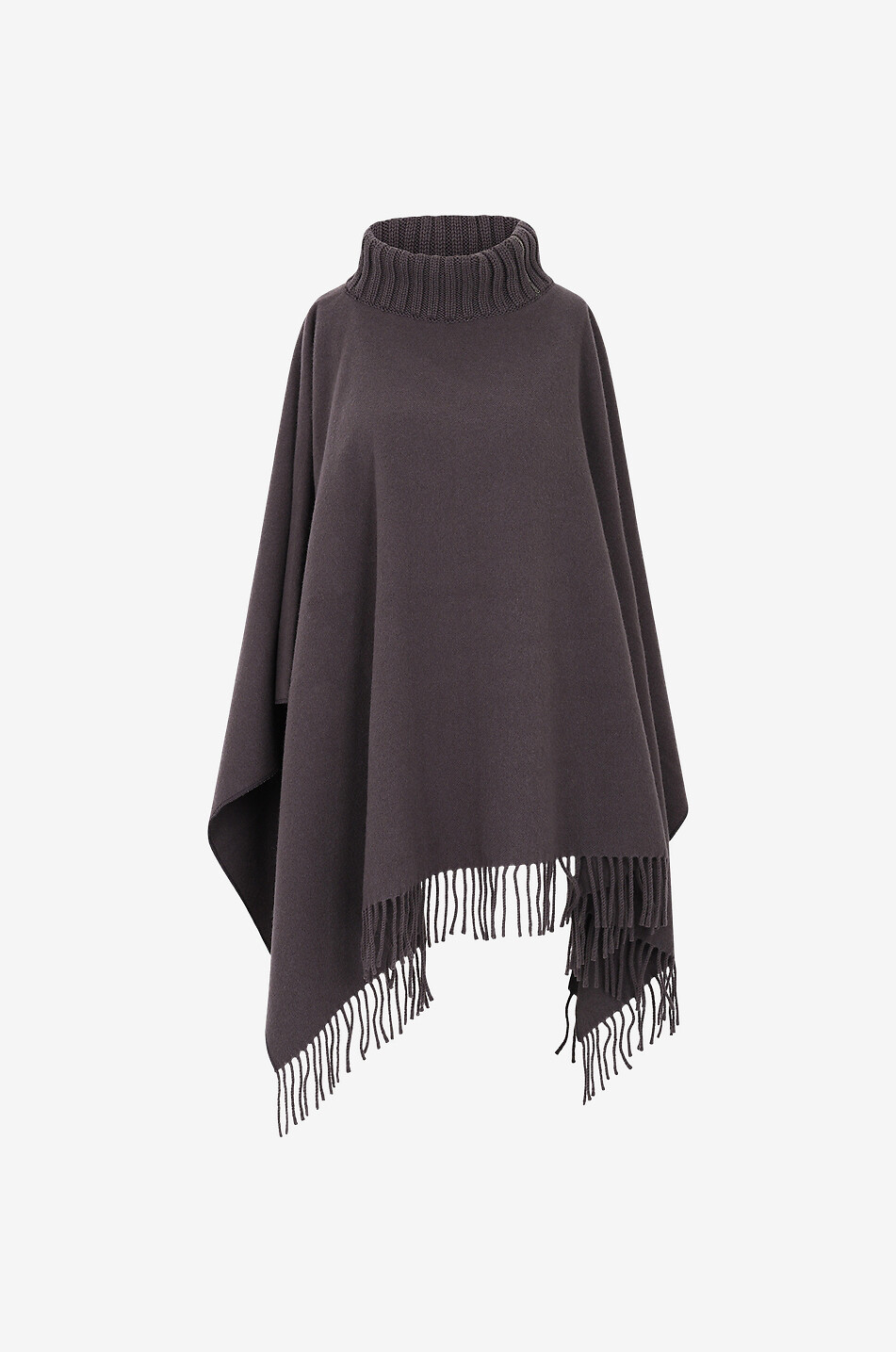 Woven wool blend poncho with knit stand-up collar