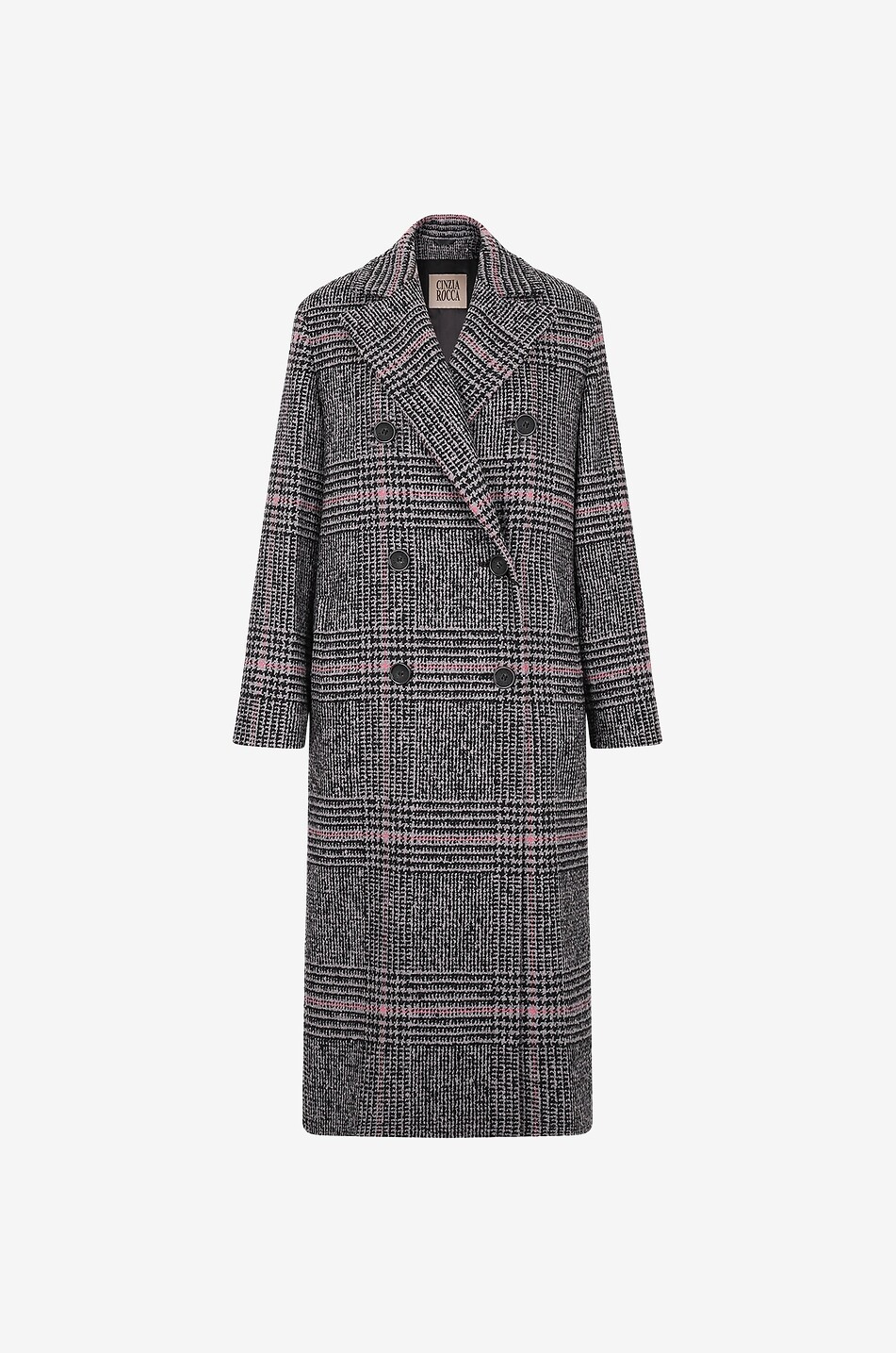 Checked double-breasted virgin wool long coat
