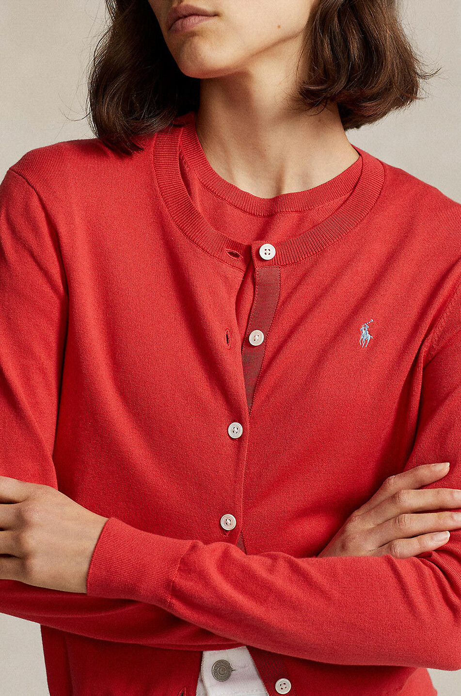 POLO RALPH LAUREN Feiner Baumwollmix-Cardigan mit Rundhals Pony Damen ROT 5