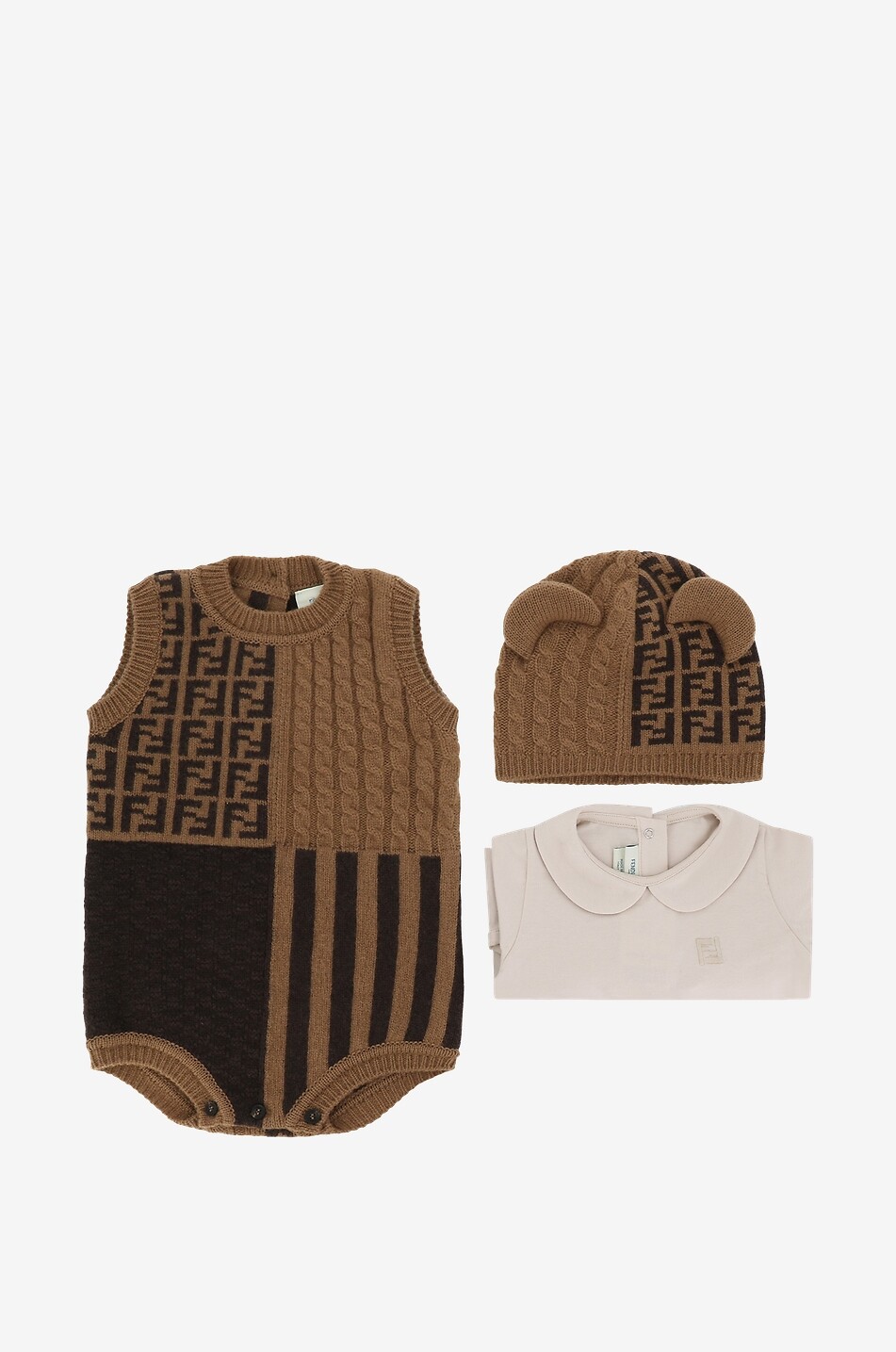 FENDI FF 3-piece baby bodysuit and beanie set Baby Colourless 1