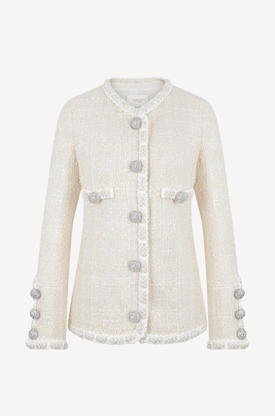 Cinched tweed suit jacket with crystal buttons