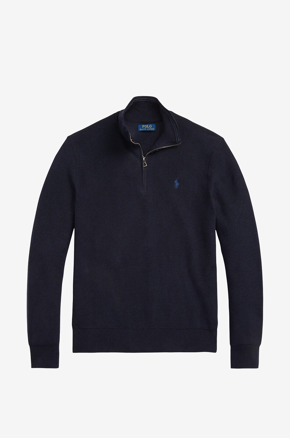 Pony piqué knit half-zip stand-up collar jumper