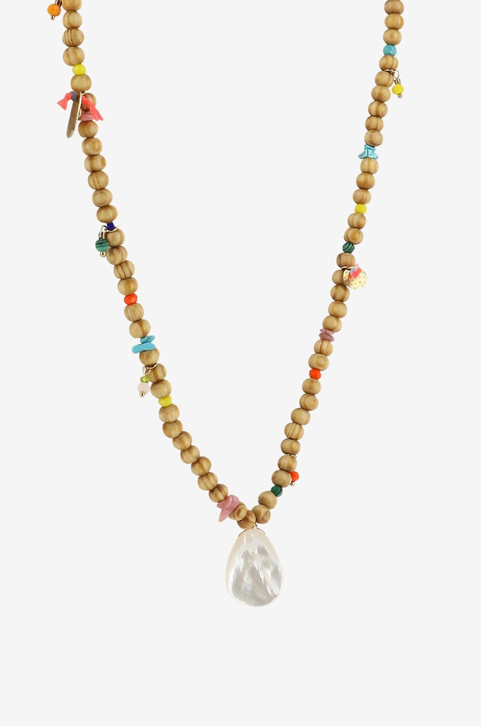 Halskette aus Holz mit Perlmutt, Steinen und Kristallen