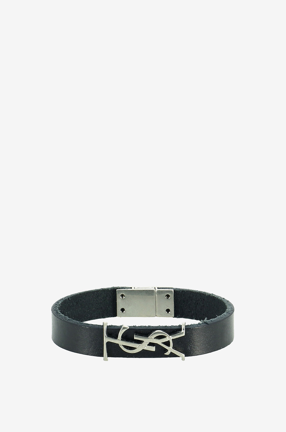 SAINT LAURENT PARIS Bracelet monogrammé en cuir et métal argenté Opyum Femme NOIR 1