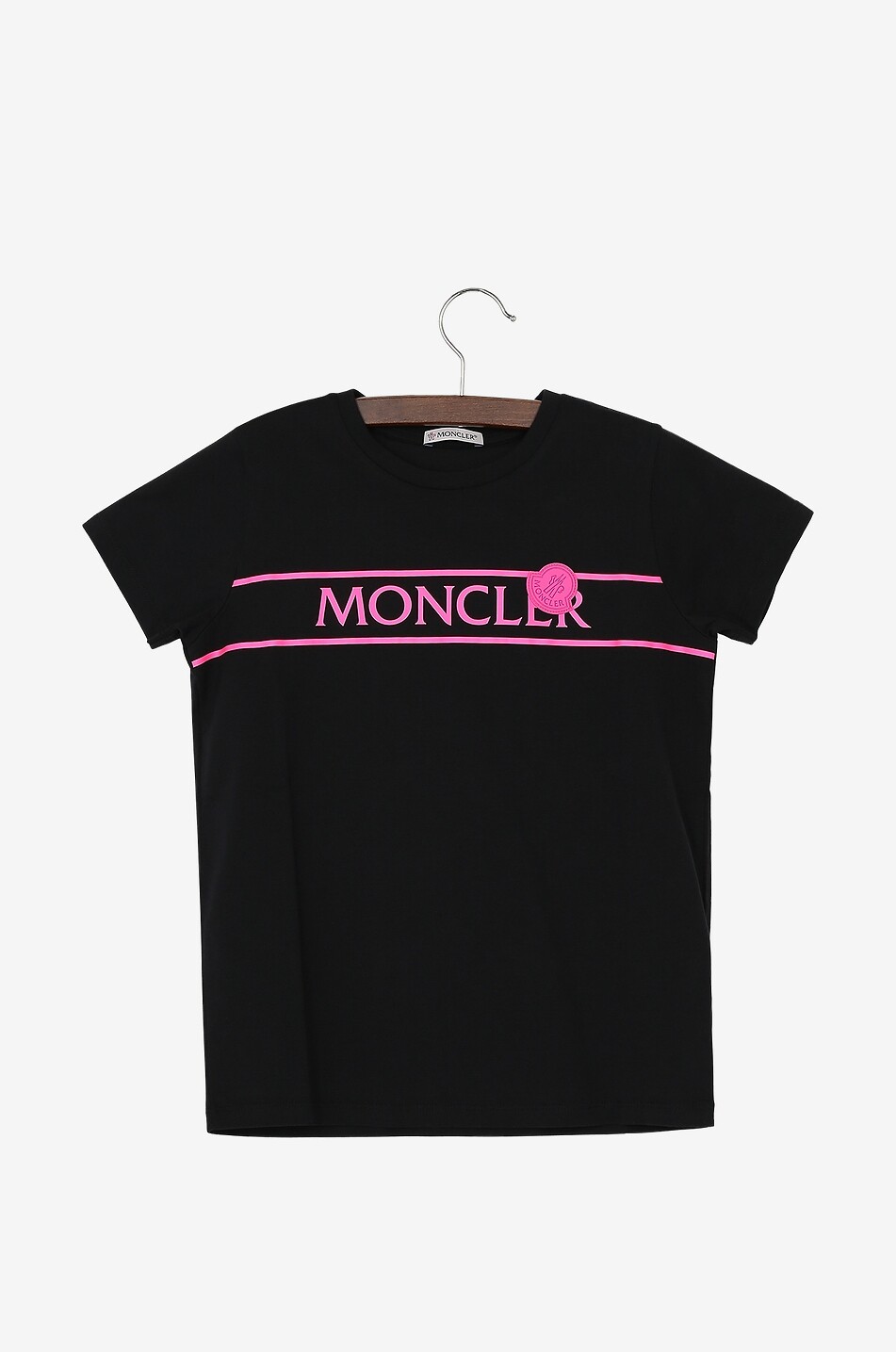 Short sleeved girls T shirt with neon pink logo print